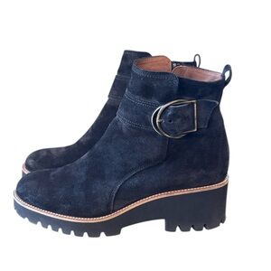 Paul Green Black Mia 9763 Suede Wedge Lug Heel Moto Boots Size 7 UK / 9.5 US